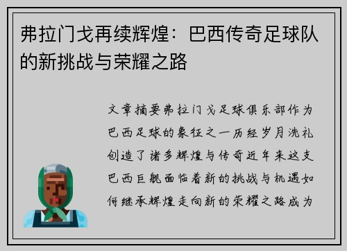 弗拉门戈再续辉煌：巴西传奇足球队的新挑战与荣耀之路